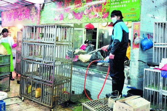 銷售家禽的工作人員對場內商鋪及相關設施進行全面清